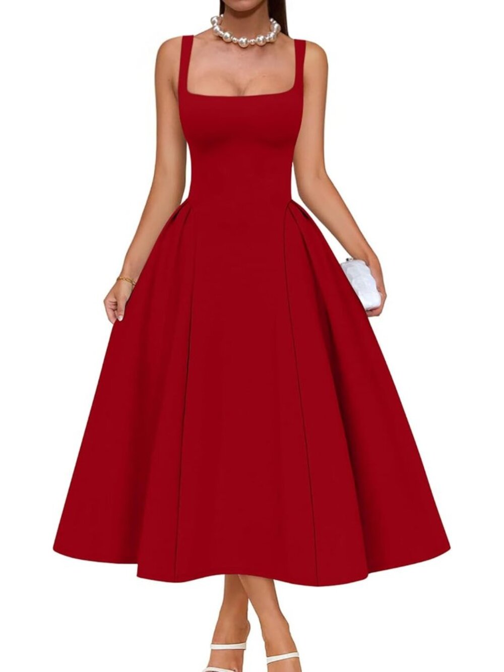 Women's Red Elegant Square Neck Sleeveless Swing A Line Solid Midi Dress